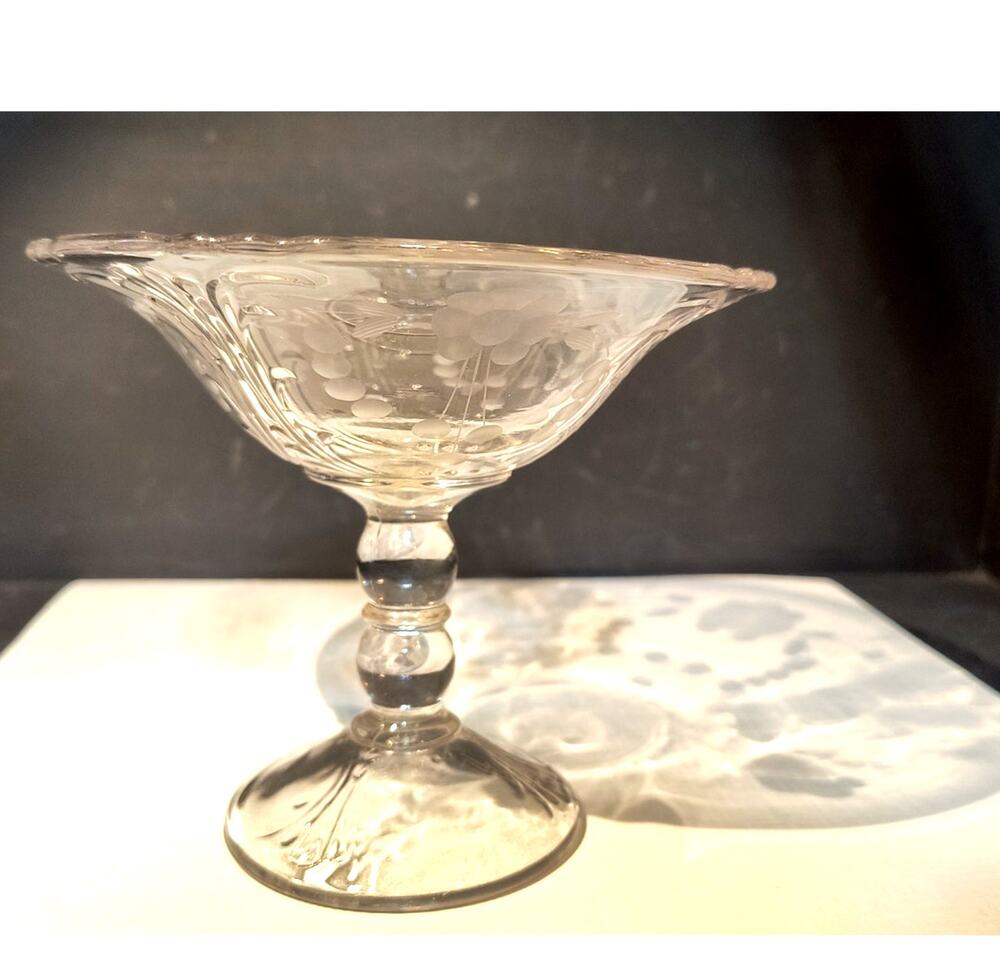 1147.  Vintage Etched Crystal Compote Pedestal Base UV Reactive